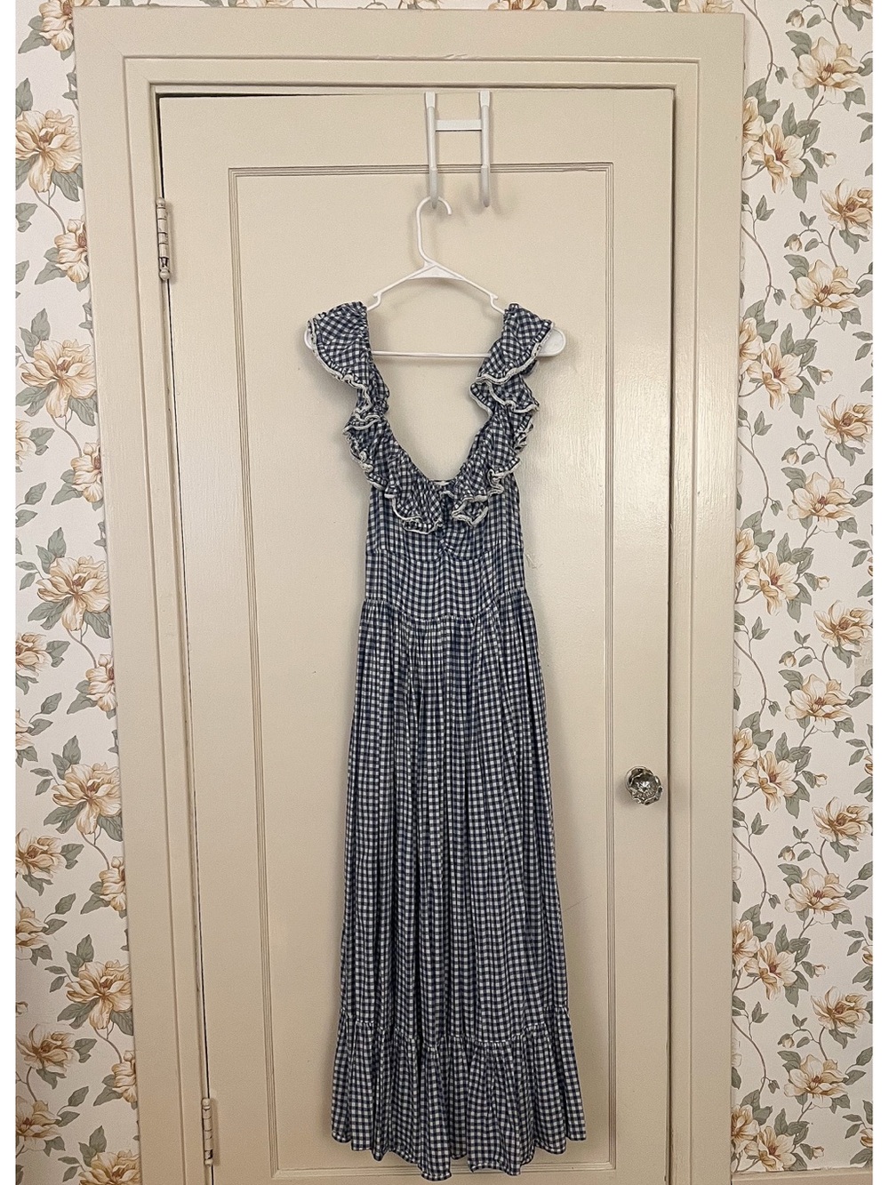 Doen Blue and White Gingham Ruffle-Trim Maxi Dress